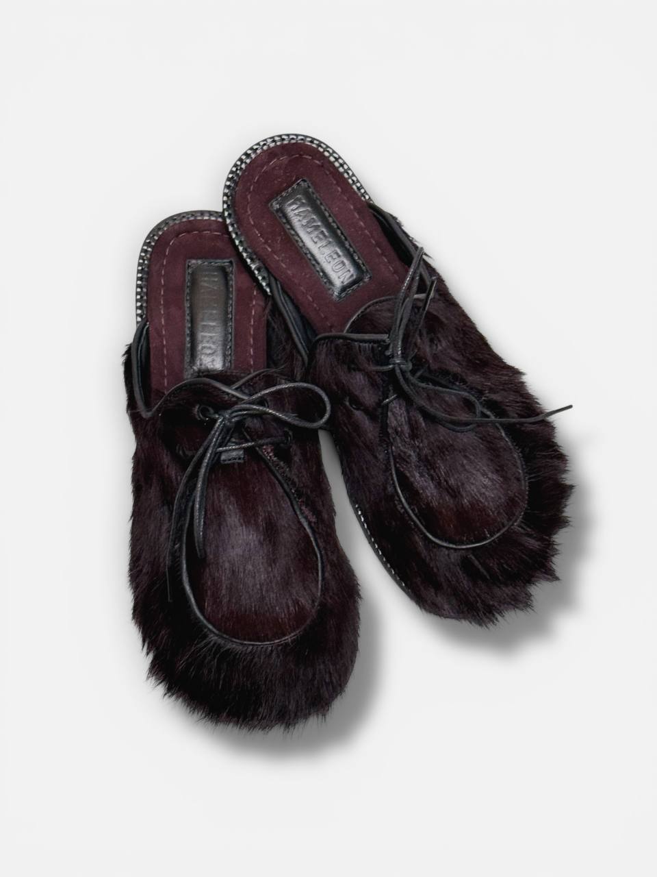 Women’s fur leather mules Twilly Shadow Fur top view handmade slip-on shoes
