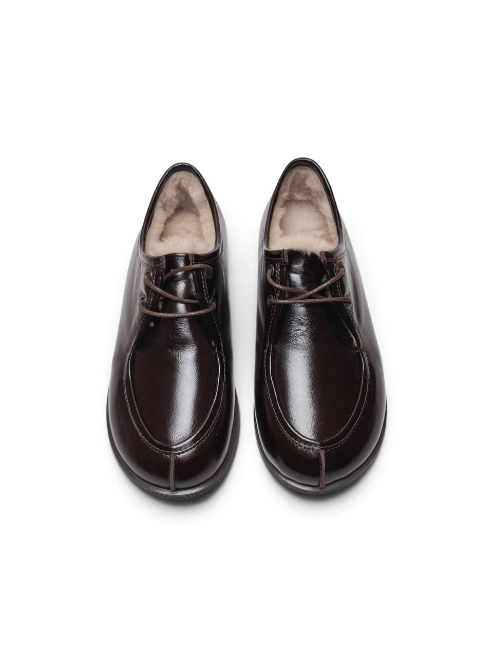 Walkers Truffle dark brown leather shoes viewed from above with moccasin toe.