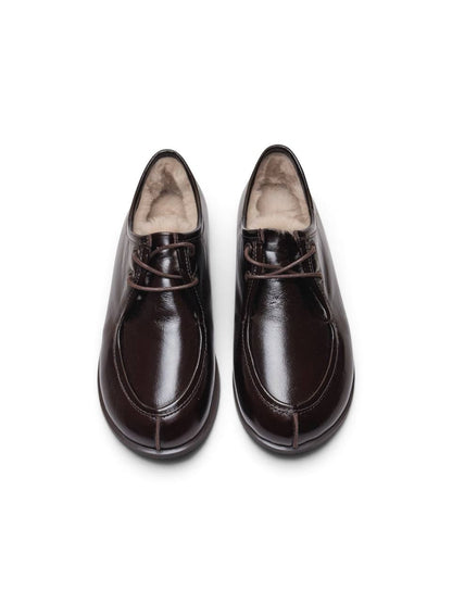 Walkers Truffle dark brown leather shoes viewed from above with moccasin toe.
