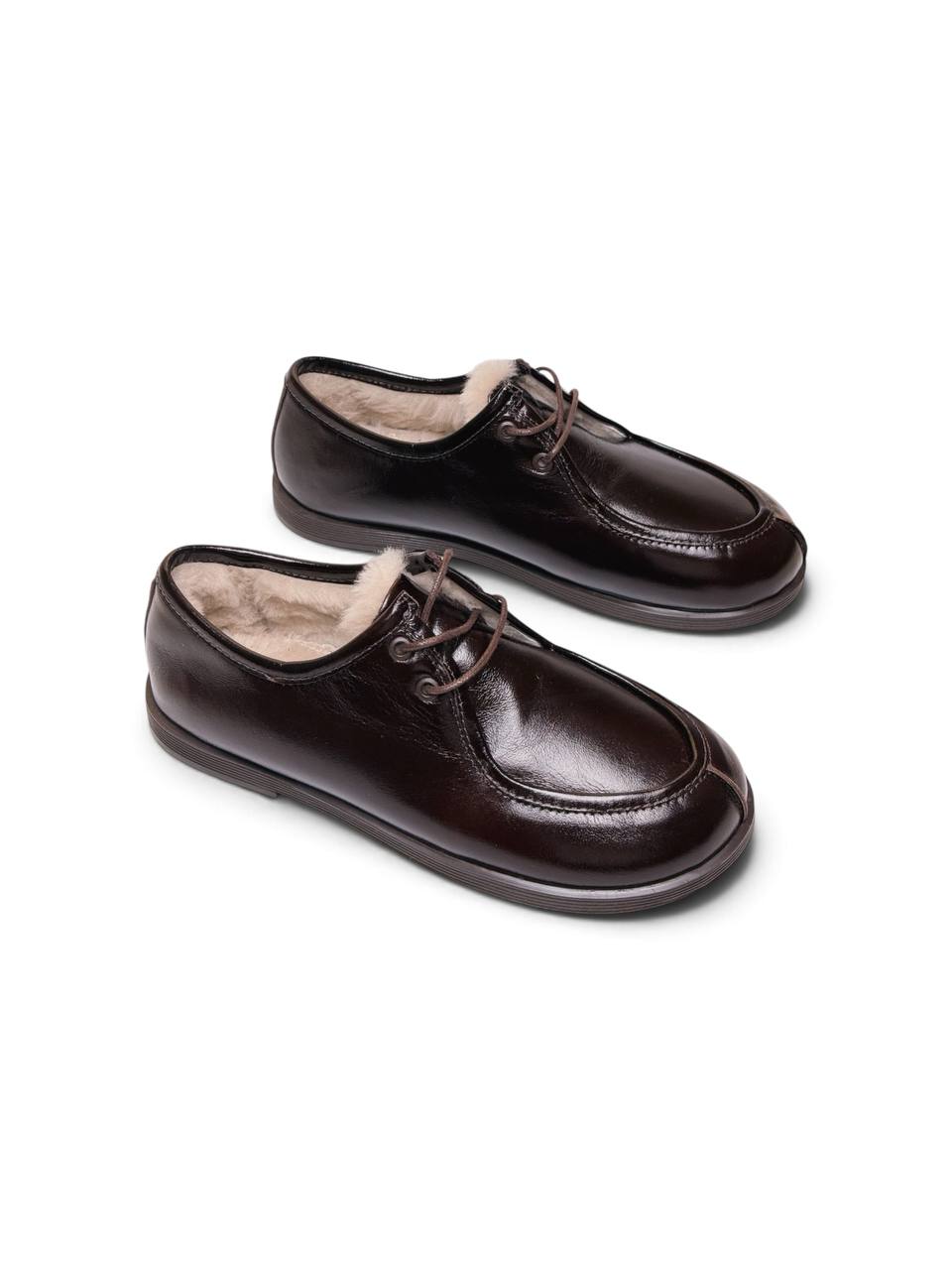 Dark brown leather Walkers Truffle shoes shown together from three-quarter view.