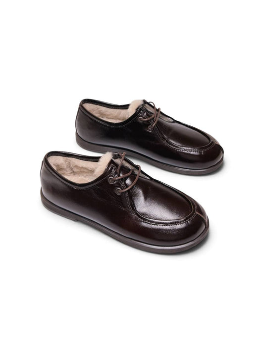 Dark brown leather Walkers Truffle shoes shown together from three-quarter view.