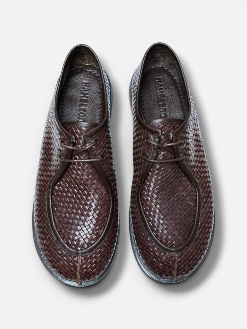 Handwoven leather walkers dark brown top view
