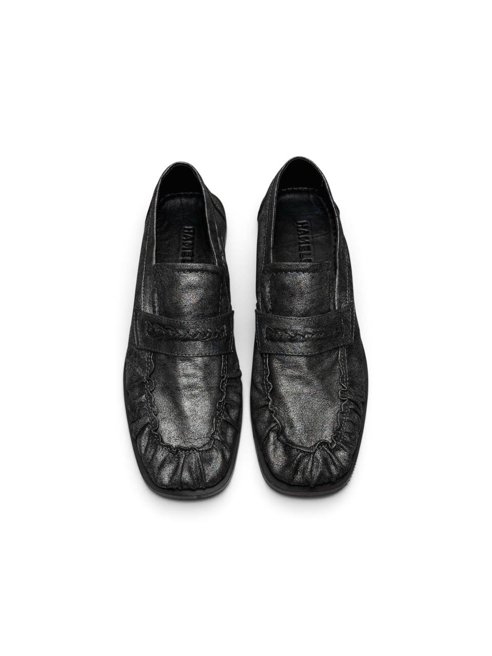 Dark silver loafers Harry shown from above with detailed leather construction