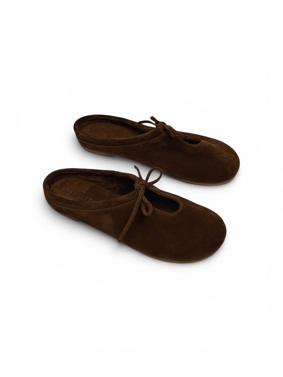 Handmade Chestnut Lulu mules in Italian suede