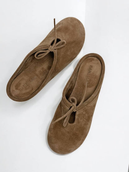 Contemporary handmade suede mules in warm beige