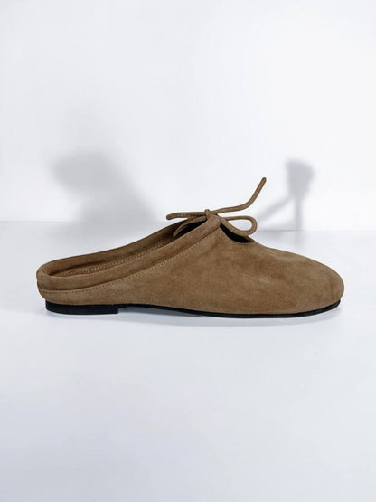 Handmade beige suede mules side profile