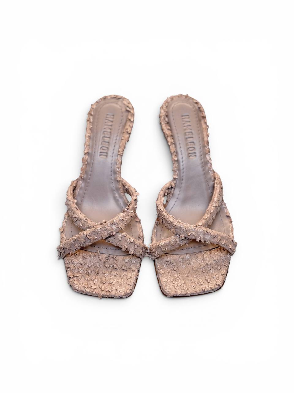 Top view of Selena Blush artisan leather mules with textured leather straps
