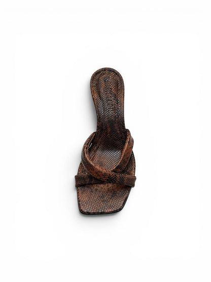 Top view of Selena Bronze Italian leather mules with crossed straps and square toe
