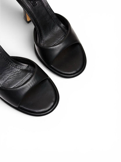 Close-up of black leather upper and open toe