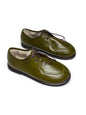 Olive Italian leather walker shoes with rounded toes and dark laces.