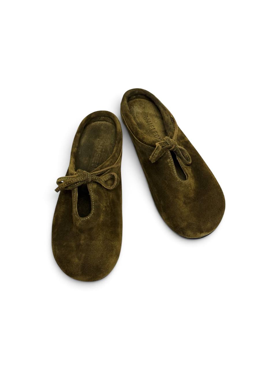 Top view of suede mules Lulu Olive with tied suede bows
