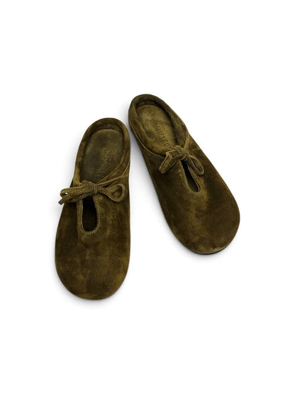 Top view of suede mules Lulu Olive with tied suede bows