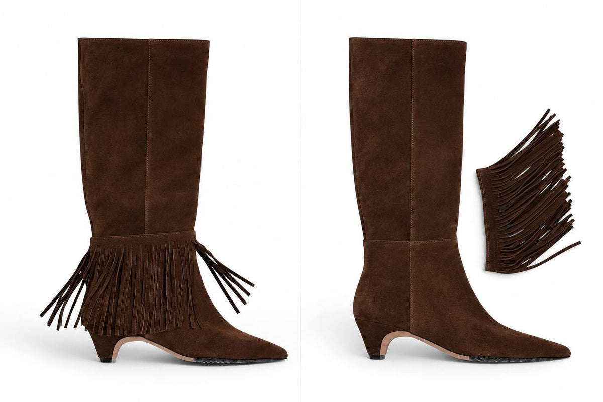 Brown suede boots shown with removable fringe accessories