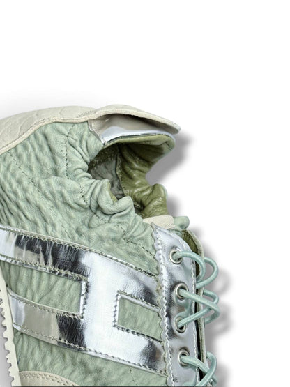 Silver leather detail and textured sage leather on Reykjavik sneakers
