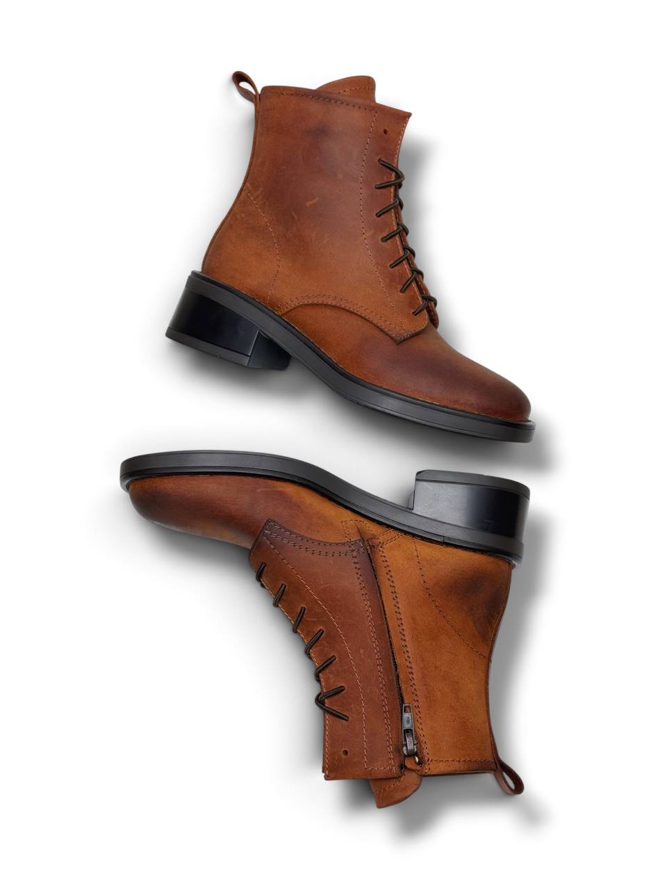 Brown leather boots with a side zip and low block heels