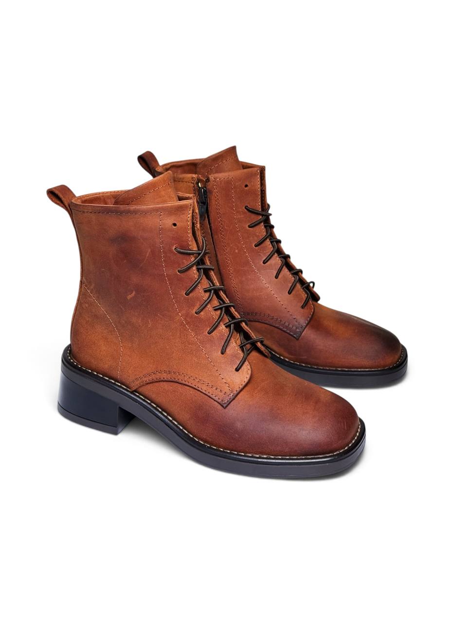 Brown Crazy Horse leather boots with dark laces and block heels