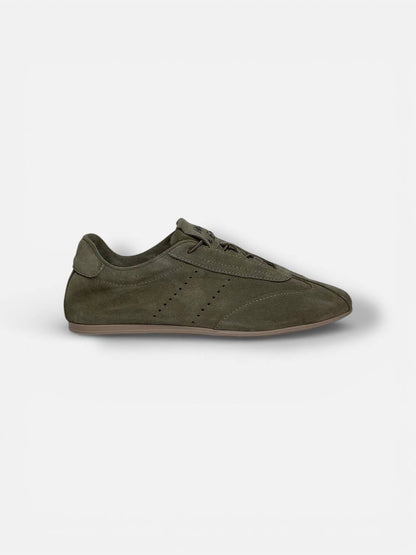 Handmade green suede sneakers side view