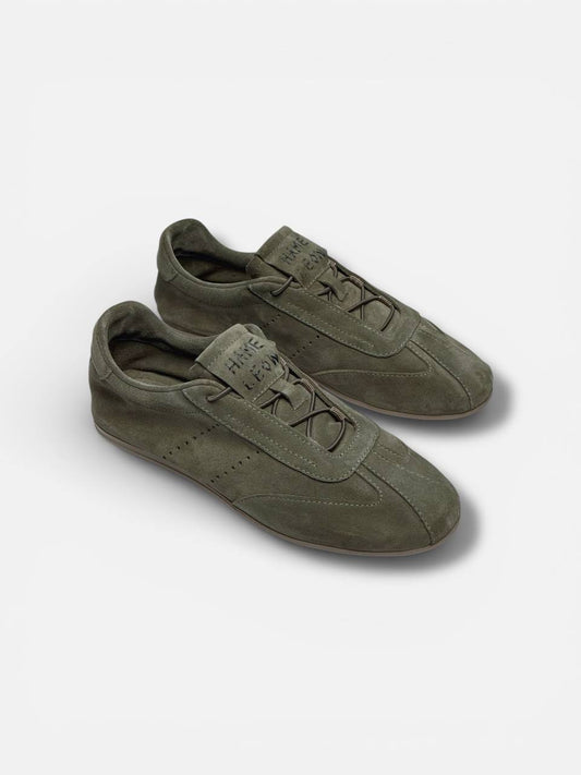 Green suede sneakers angled front view HameleonShoes