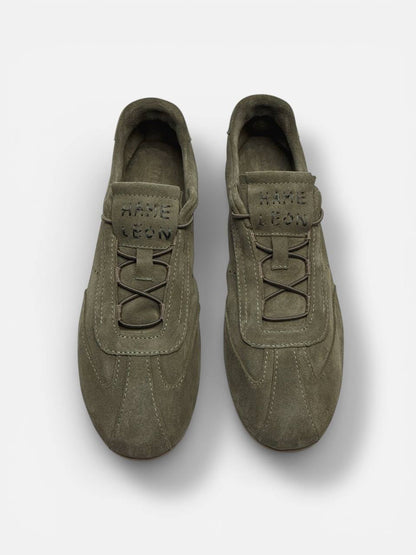 Minimalist suede sneakers top view lace system