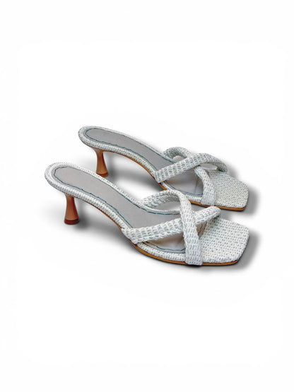Front detail of Selena Pearl artisan white leather mules by HAMELEON