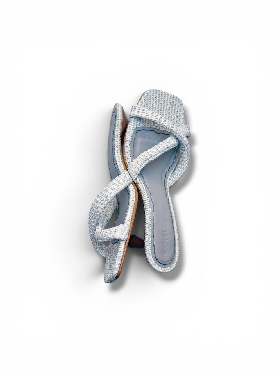 Leather insole detail of Selena Pearl handcrafted white mules