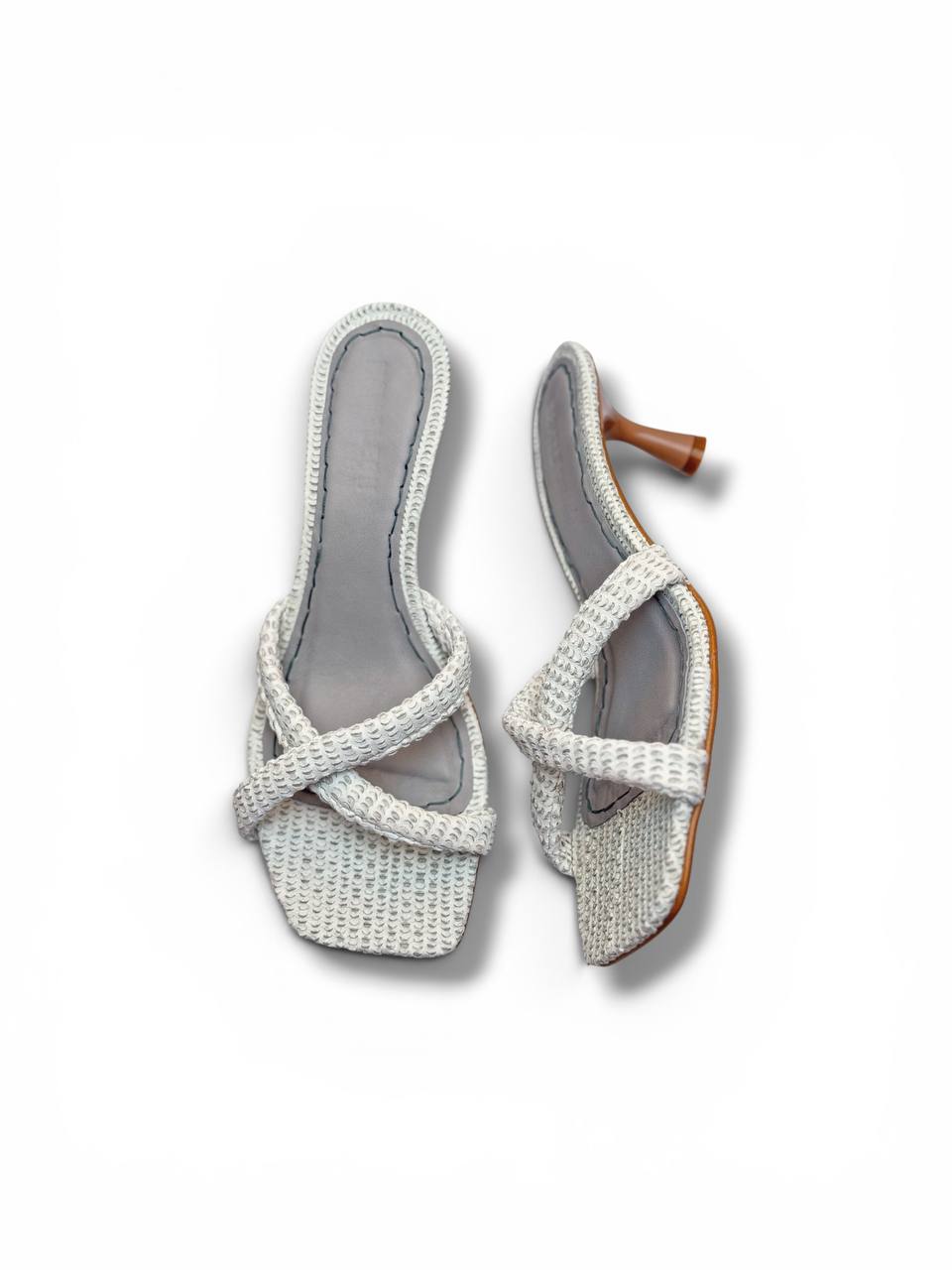 Selena Pearl white leather mules top view with woven straps