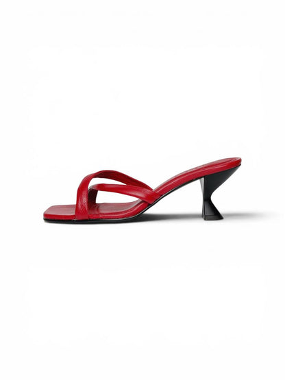 Side profile of Selena Rouge red leather mules with sculpted 5 cm heel