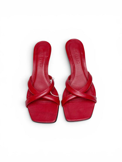 Top view of red leather strappy mules handcrafted by HAMELEON