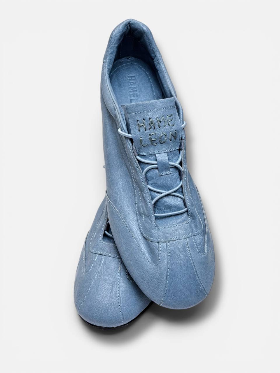 Soft blue leather sneakers top view minimal design HameleonShoes