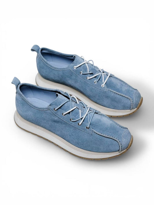 Handmade leather sneakers front view blue tone HameleonShoes