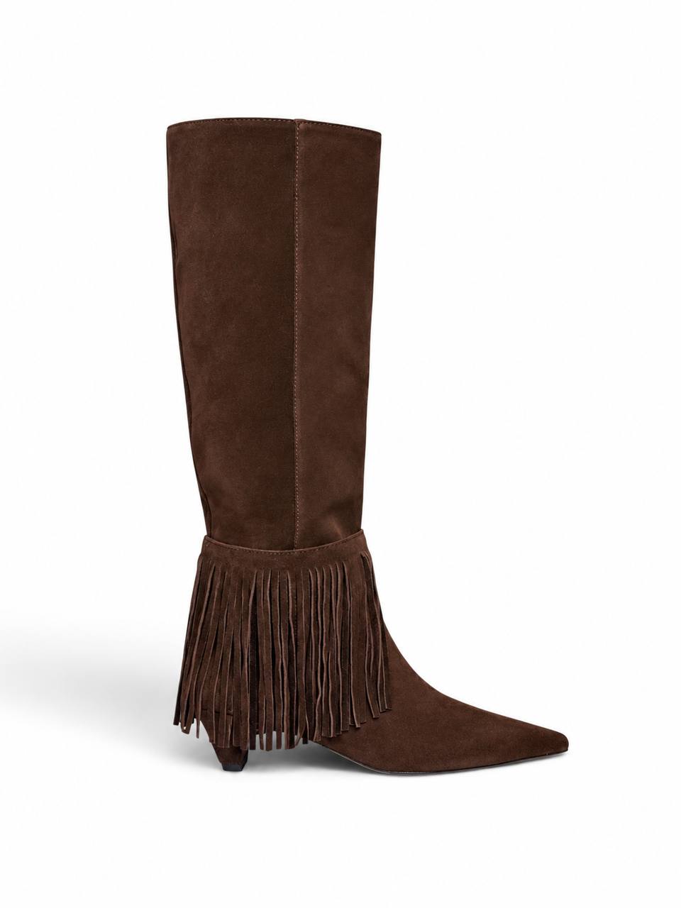 Tall brown suede boots featuring long fringe and pointed toes