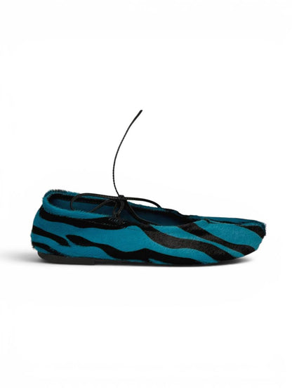 Blue tiger ballet flats side profile sleek silhouette