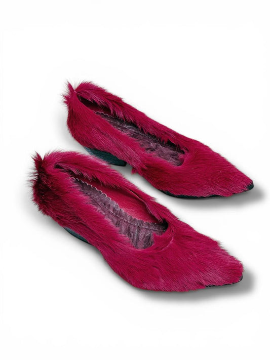 Velvet fur heels deep red pair HameleonShoes