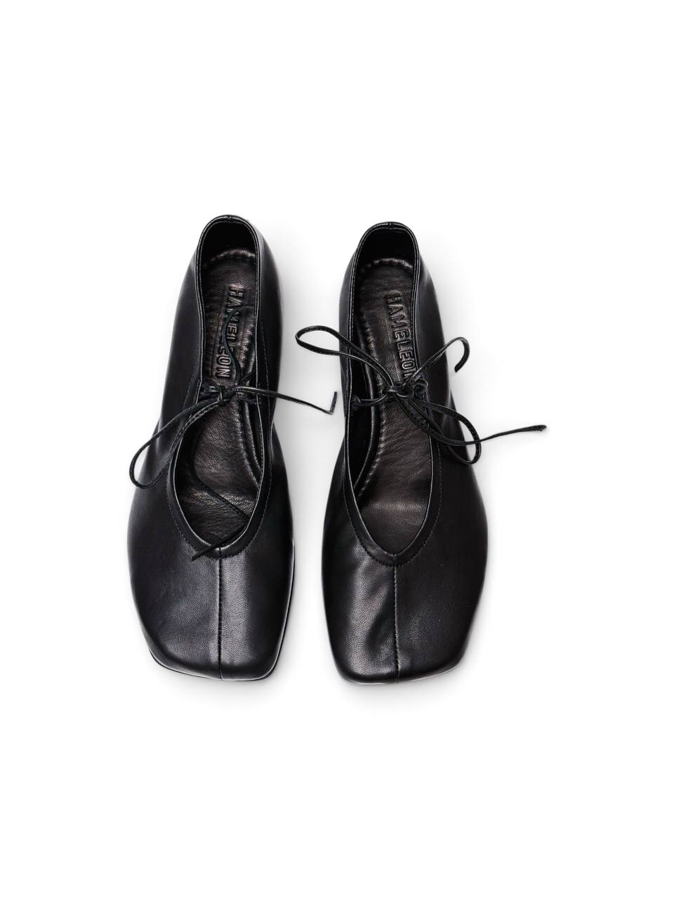 Top view of black ballet flats Vesper with leather ties