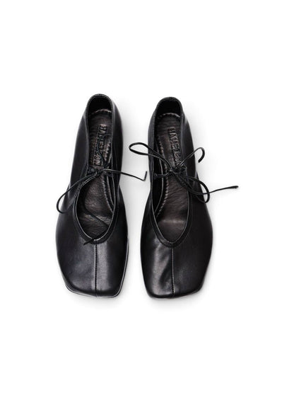 Top view of black ballet flats Vesper with leather ties