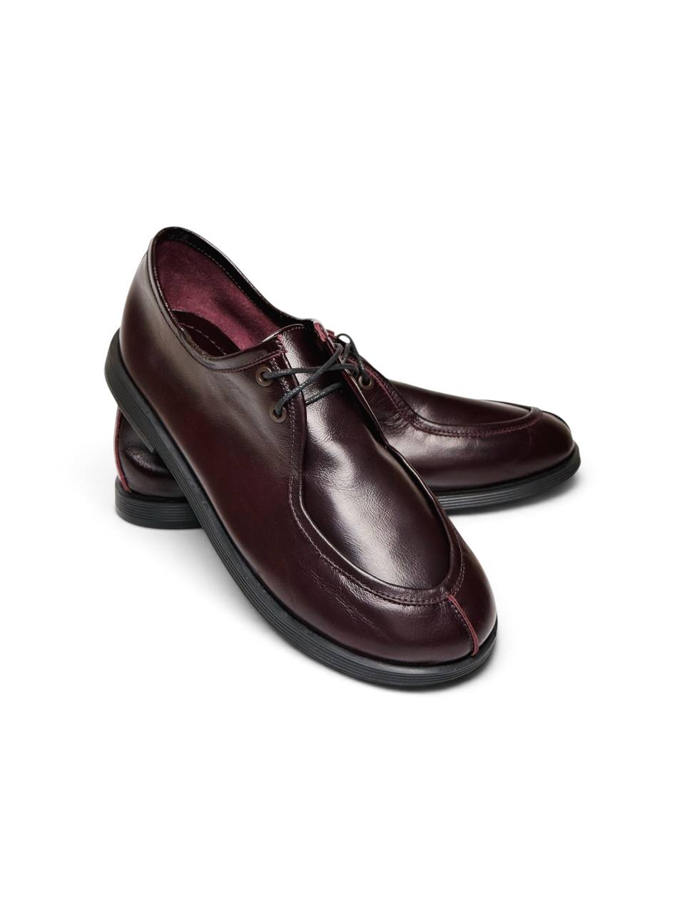 Handmade burgundy leather walker shoes with black laces and rounded toes