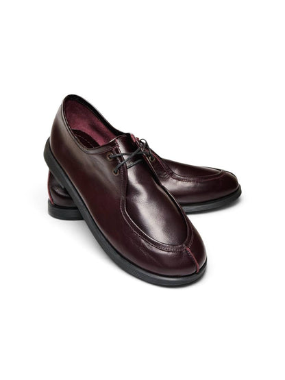 Handmade burgundy leather walker shoes with black laces and rounded toes