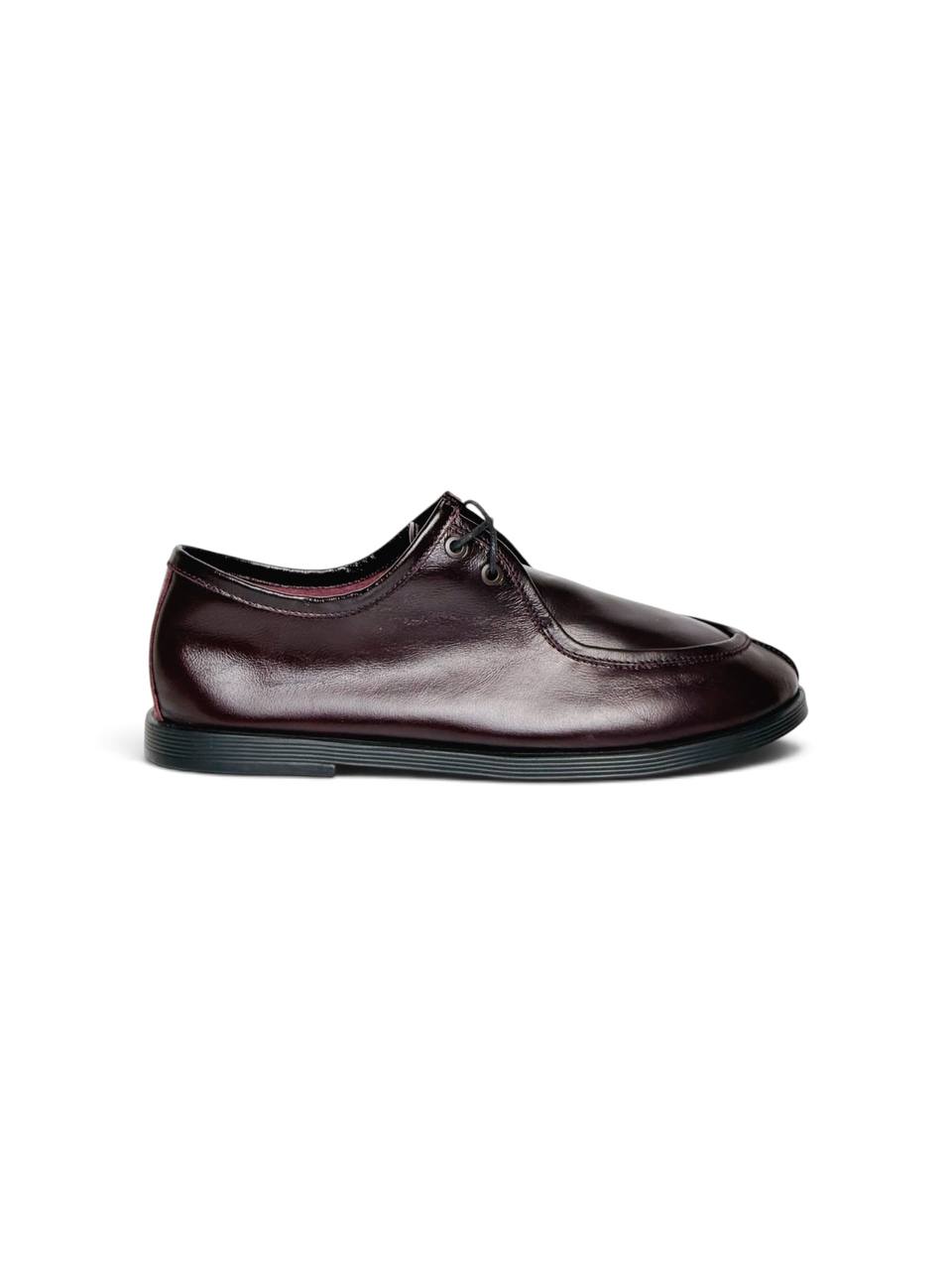 Burgundy leather walker shoe in side profile with flexible black sole