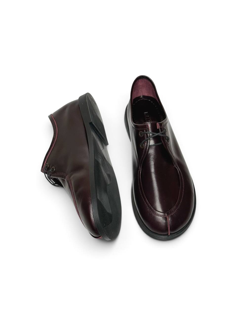 Burgundy leather walker shoes showing lace-up design
