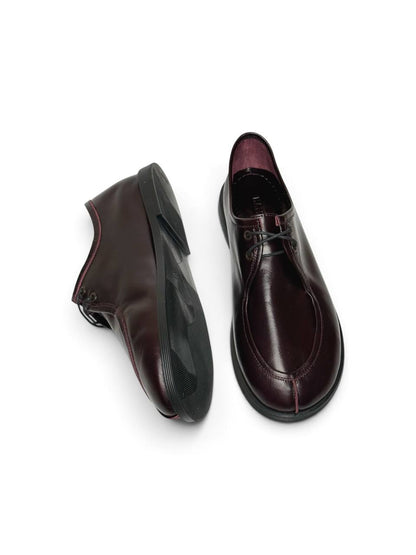 Burgundy leather walker shoes showing lace-up design