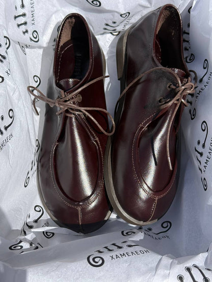 Top view of Walkers Cacao leather shoes in rich brown