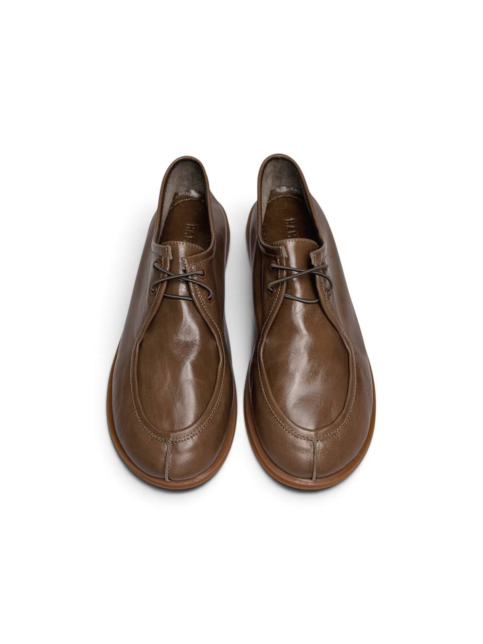 Top view of Walkers Chestnut handcrafted leather shoes with minimalist lace design.