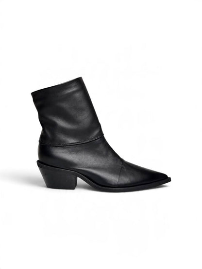 Black leather Western ankle boot with a low angled heel